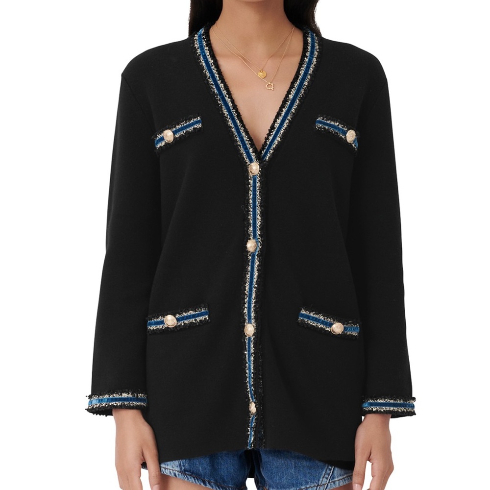 Maje Black Cardigan with Blue Trim